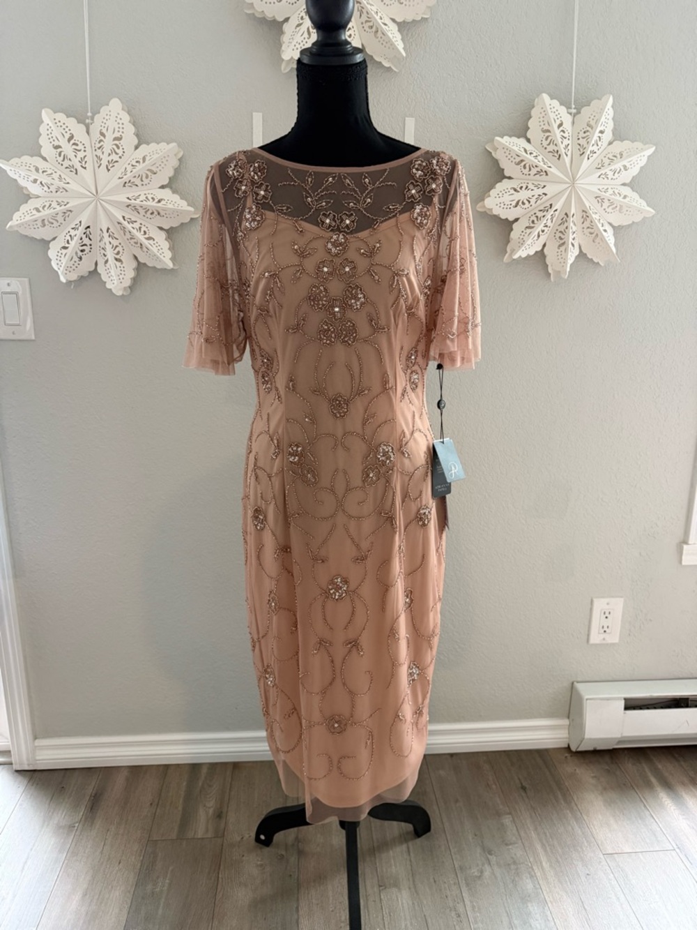 Adrianna Papell Beaded Midi Dress in Gold and Tan